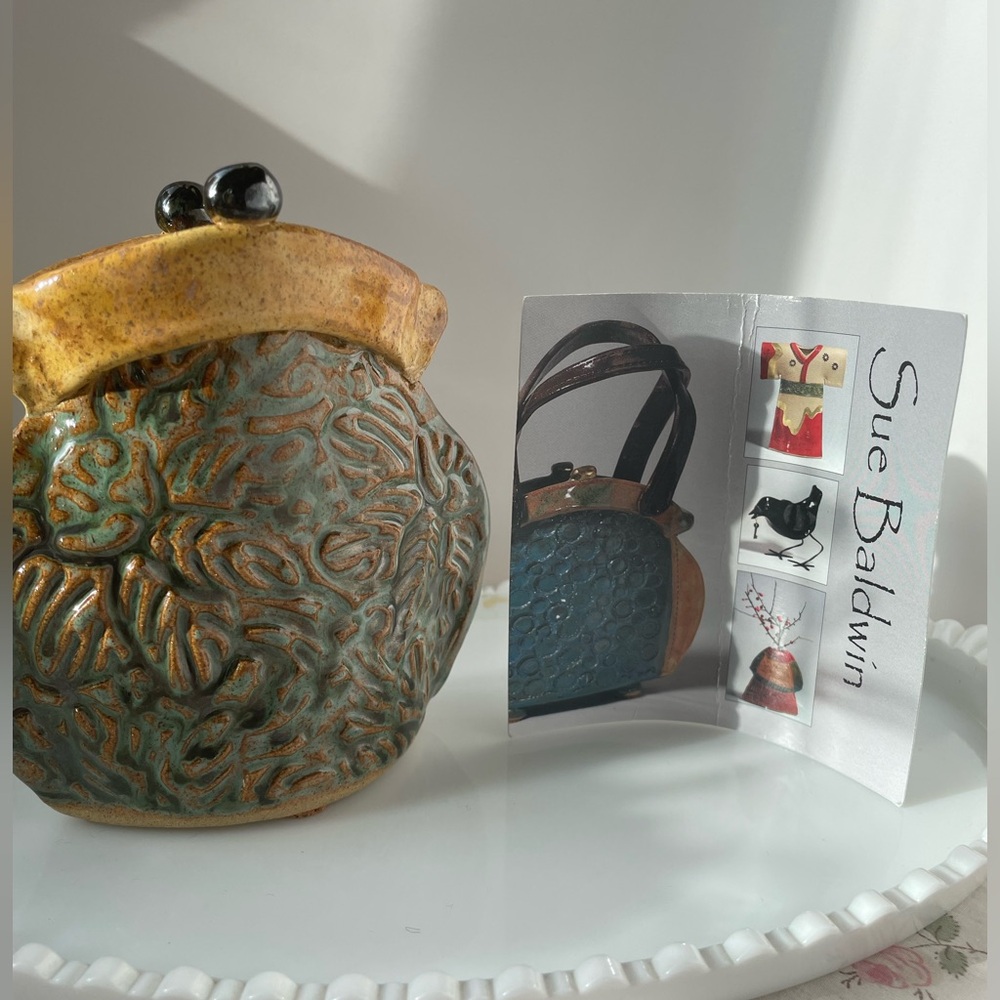 Handcrafted Stoneware Purse Vase with Green and Brown Glaze Signed by Artist - Picture 12 of 17